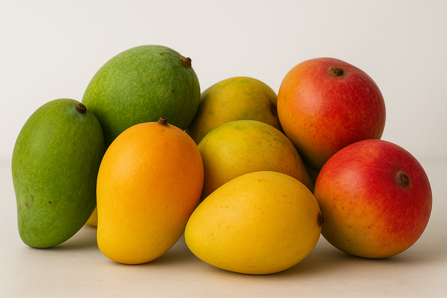 Various mangoes in different stages of ripeness