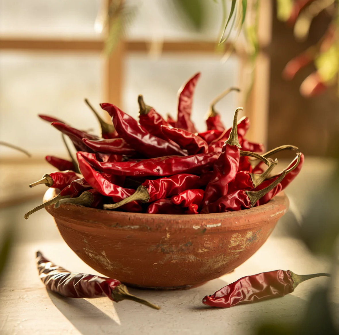 Dried red chili peppers in traditional clay bowl